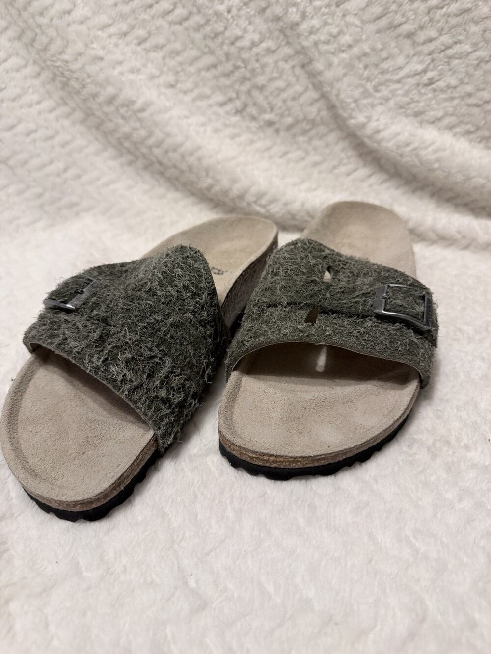 Papillio Birkenstock Army Green Wool Felt Leather Sandal EU38 L7 M5 Narrow *RARE